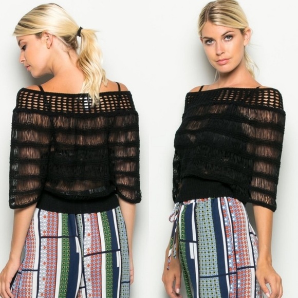 Black off shoulder cropped crocheted knit top Small S Large L - Picture 4 of 6